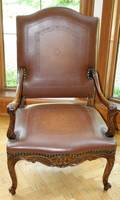 062101 HAND CARVED MAHOGANY AND LEATHER OPEN ARMCHAIRS