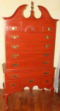 061173 QUEEN ANNE STYLE PAINTED RED HIGHBOY C 1950