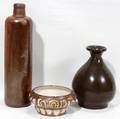 ANTIQUE POTTERY BOTTLE VASE AND BOWL 3 PCS