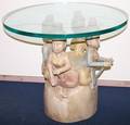 082104 CONTEMPORARY GLASS TOP TABLE WITH CARVED WOOD