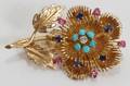 081142 14KT YGOLD TURQUOISE  SAPPHIRE FLOWER BROOCH