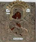072169 RUSSIAN ENAMELED SILVER VERMEIL ICON OF MADONNA