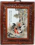 081251 CHINESE PORCELAIN FRAMED PLAQUE THREE ROOSTERS