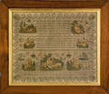 English silk on linen sampler dated 1843 wrought by Emma Whitehouse at Mrs Hornes Seminary