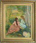 Oil on canvas landscape with 2 young women