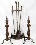 ENGLISH BRONZE FIRE PLACE TOOLS AND ANDIRONS