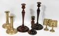 080375 BRASS AND MAHOGANY CANDLE STICKS 7 PCS