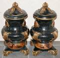 062367 PANELED MARBLE  WOOD COVERED URNS PAIR H 25