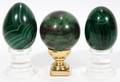 110382 CARVED MALACHITE EGGS AND SPHERE ON STANDS