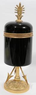 090436 BLACK GLASS  BRASS COVERED JAR H 9