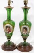 082403 ENGLISH BRISTOL GLASS URNS MOUNTED AS LAMPS