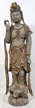 082374 CARVED WOOD QUAN YIN PAINTED ANTIQUE H 36
