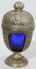 080543 JAPANESE COBALT BLUE GLASS  METAL MUSIC BOX