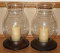 071495 WOOD CANDLE STANDS WITH GLASS HURRICANES PAIR