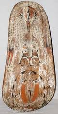 090060 AFRICAN POLYCHROME  CARVED WOOD SHIELD H 30