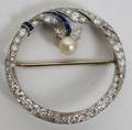 121068 WHITE GOLD SAPPHIRE DIAMOND  PEARL BROOCH