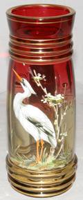 121140 AMBERINA GLASS  ENAMELED VASE WITH STORK