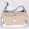 121247 GUCCI BEIGE CANVAS  SILVER LEATHER HOBO BAG