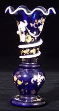 110231 AMERICAN BLUE GLASS  ENAMELED OVERLAY VASE