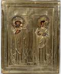 112248 RUSSIAN ICON SILVER RIZA PAINTED WOOD PANEL