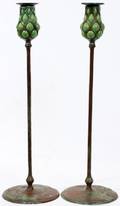 122409 PATINATED METAL BLOWN GREEN GLASS CANDLESTICKS