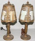 120449 SPELTER AND CARAMEL SLAG LAMP ANTIQUE PAIR