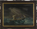 China trade oil on canvas painting depicting a ship in a storm 19th c