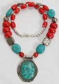 120515 TIBETAN TURQUOISE STONES RED COMPOSITE BEADS