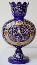 122488 ENAMELED BLUE GLASS VASE LATE 19TH C H 12