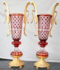 120011 RED TO CLEAR BOHEMIAN CRYSTAL  BRONZE URNS