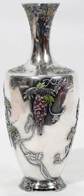 111001 JAPANESE ENAMELDECORATED SILVER VASE SIGNED
