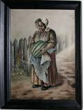121186 AMERICAN FOLK ART OIL ON CANVAS LADY WMELON