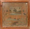 112246 HAND STITCHED AMERICAN SAMPLER ALPHABET SCENE