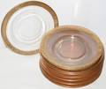 121390 AMBER GLASS DESSERT PLATES WGILT RIM C1930