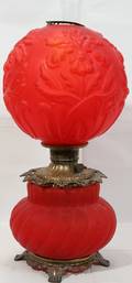 121394 VICTORIAN RUBY SATIN GLASS OIL LAMP C1870