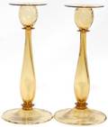 021100 STEUBEN AMBER GLASS CANDLESTICKS SIGNED H 10