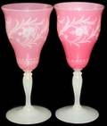 021111 STEUBEN ETCHED ROSE  ALABASTER GLASS GOBLETS
