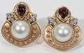 051167 14KT YELLOW GOLD MOBE PEARL  GARNET EARRINGS