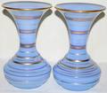 011298 BLUE OPALINE GLASS VASES W GILT BANDING