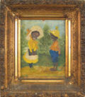 Oil on panel of two black children ca 1900