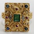 051316 18KT YELLOW GOLD DIAMOND RUBY EMERALD RING