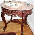 122274 MAHOGANY PARLOR TABLE WMARBLE TOP H29 L42