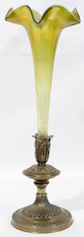 040408 CARNIVAL GLASS VASE IN METAL HOLDER C 1900