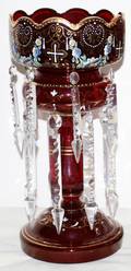 012304 ENAMELED RUBY GLASS LUSTER HUNG W PRISMS H14