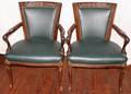 060387 GREEN LEATHER OPEN ARM CHAIRS PAIR H 35