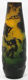 052381 CUT ART GLASS SIGNED VASE LANDSCAPE W FROGS