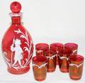 051400 CRANBERRY GLASS DECANTER  SEVEN GLASSES H 8