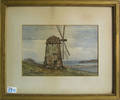 Watercolor landscape with windmill