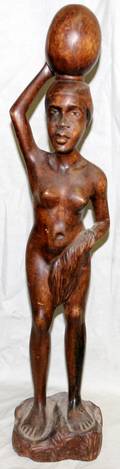 010541 HAITIAN CARVED NUDE FIGURE CARRYING JAR H29