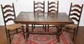 051025 CARVED OAK TRESTLE TABLE  SIX MAPLE CHAIRS